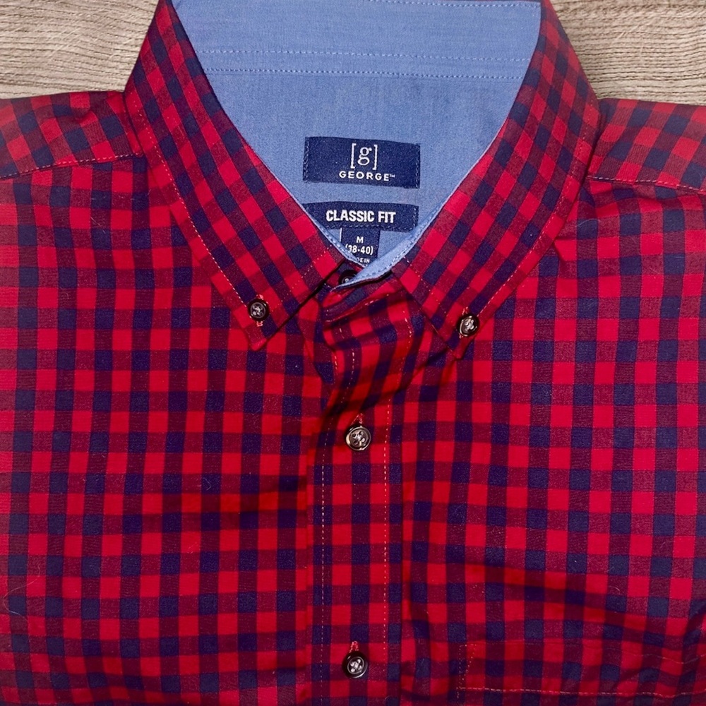 Men's George Long Sleeve Stretch Poplin Shirt Red Check Plaid Size M 38-40 New